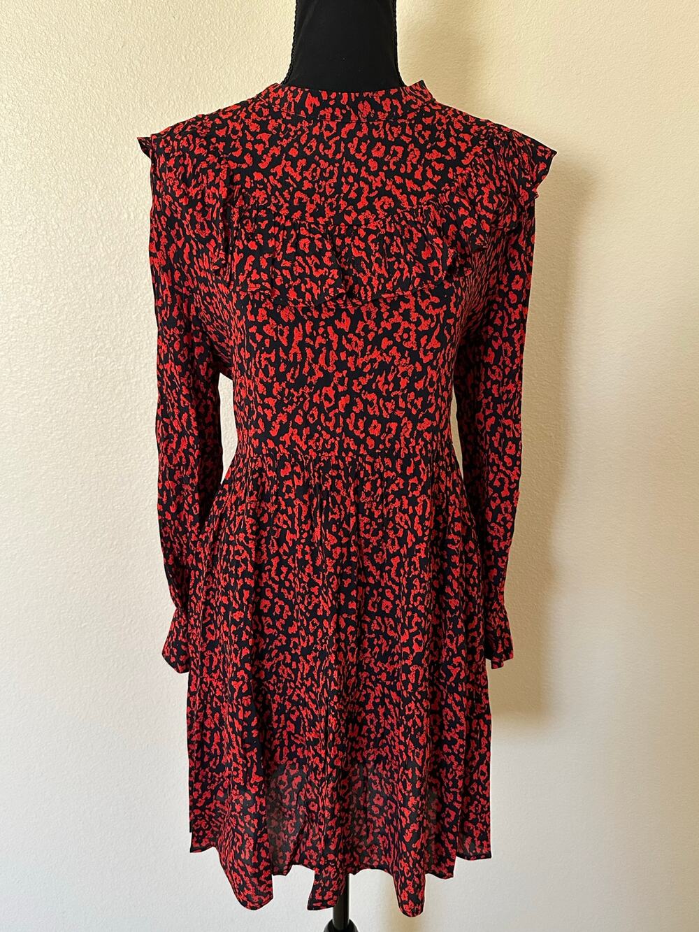 Zara Women Red & Black Animal Print Long Sleeves Mini Dress Size M
